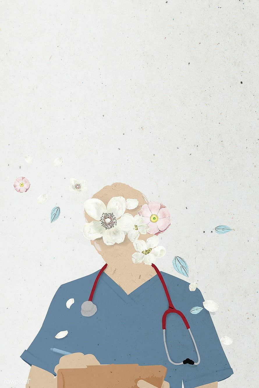 Nurse in Blue Scrubs with Stethoscope and Floral Face Illustration HD phone wallpaper