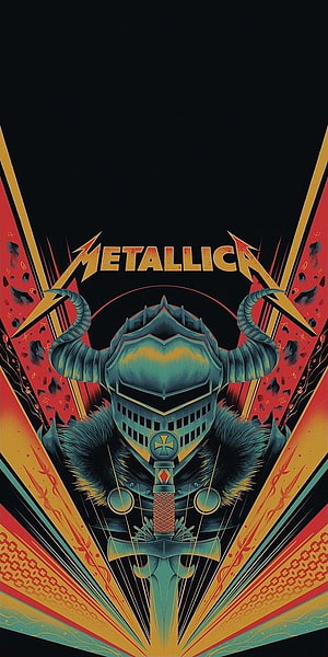 Metallica Knight Armor Illustration with Horned Helmet and Radiant Geometric Background HD phone wallpaper