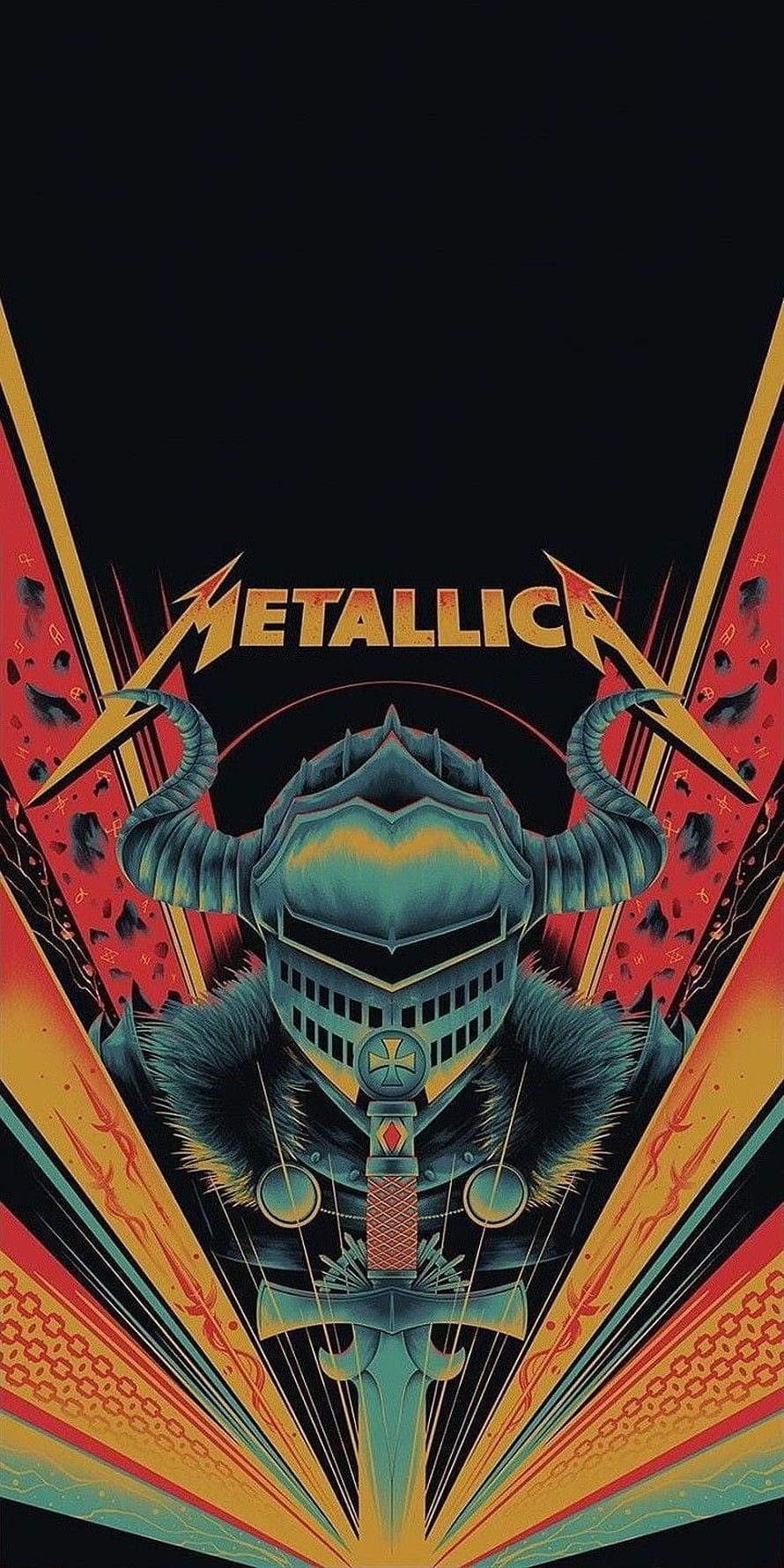 Metallica Knight Armor Illustration with Horned Helmet and Radiant Geometric Background HD phone wallpaper