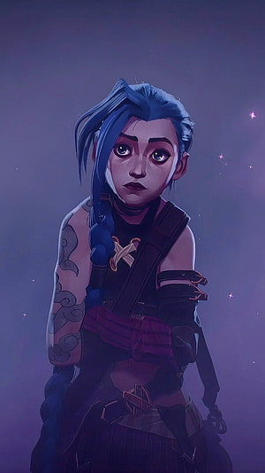 Jinx from Arcane animated series digital art portrait with blue braided hair and tattoos HD phone wallpaper