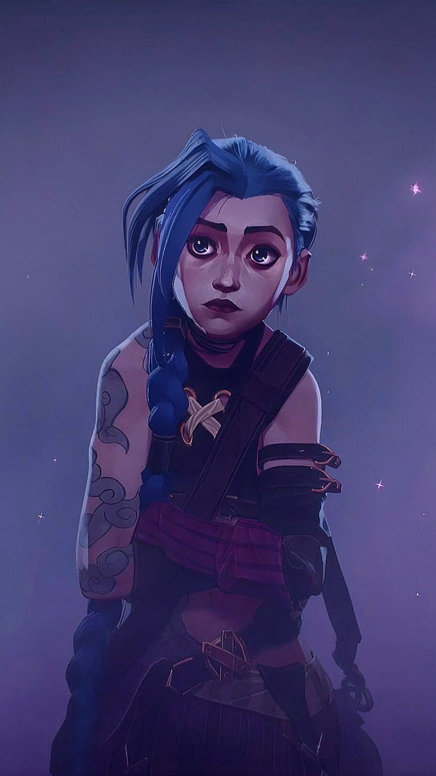 Jinx from Arcane animated series digital art portrait with blue braided hair and tattoos HD phone wallpaper