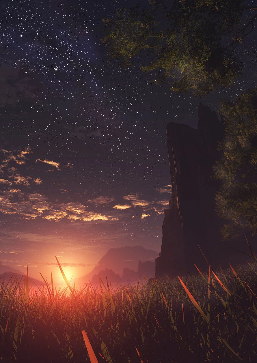 Starry Night Sky Over Grassy Field With Distant Mountains And Sunset Glow HD phone wallpaper