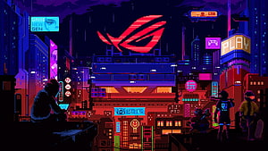 Pixel Art Cyberpunk Cityscape With ROG Logo And Neon Signs HD wallpaper