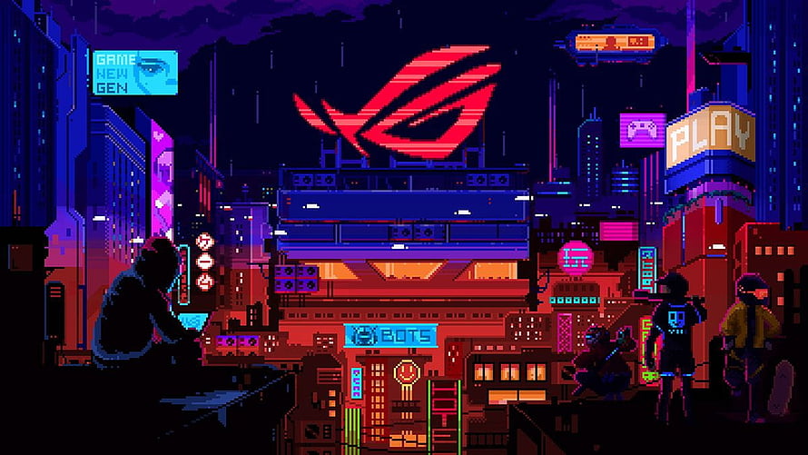 Pixel Art Cyberpunk Cityscape With ROG Logo And Neon Signs HD wallpaper