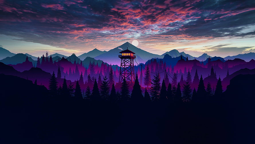 Vibrant Purple Mountain Landscape with Glowing Watchtower at Sunset HD wallpaper