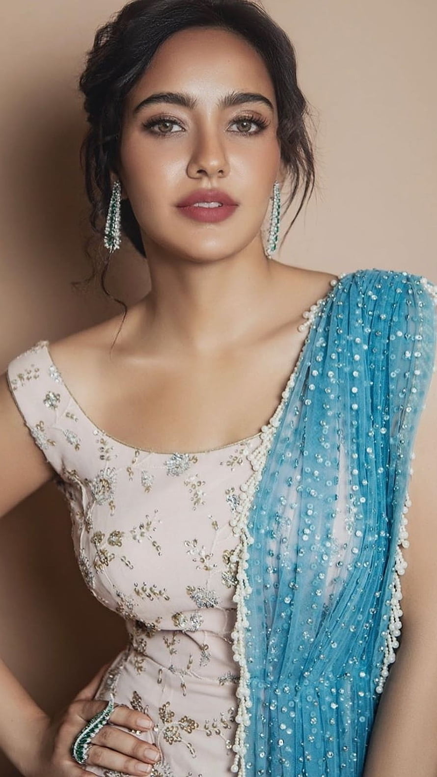 Jannat Zubair Rahmani in elegant pastel pink and blue traditional outfit with pearl jewelry, Neha Sharma, Bollywood, Neha Sharma Actress HD phone wallpaper