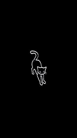 Minimalist white line art of a walking cat on a solid black background HD phone wallpaper