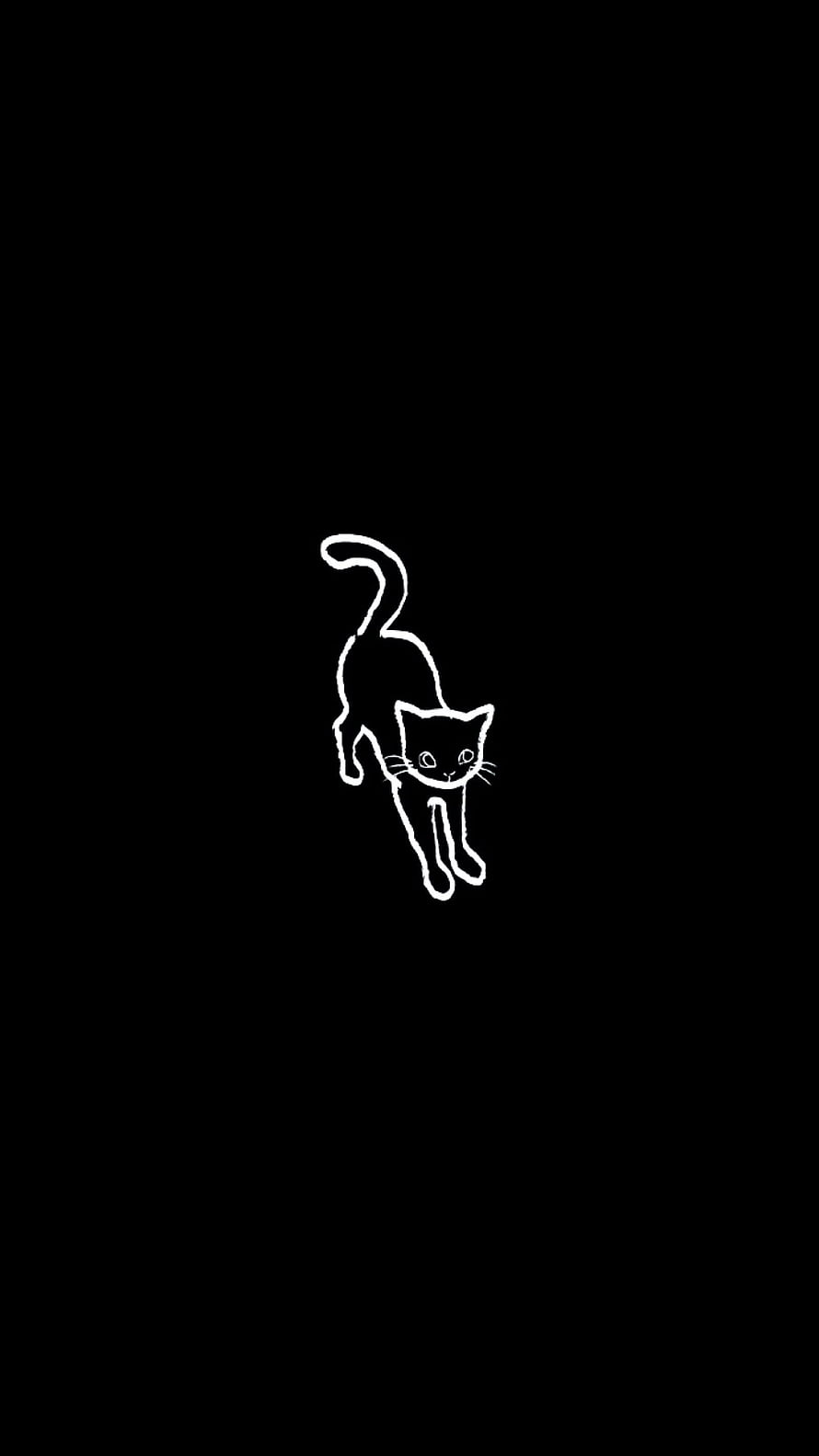 Minimalist white line art of a walking cat on a solid black background HD phone wallpaper