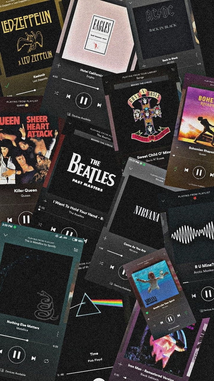 Collage of classic rock album covers and music player interfaces featuring Led Zeppelin, Queen, The Beatles, and Nirvana HD phone wallpaper