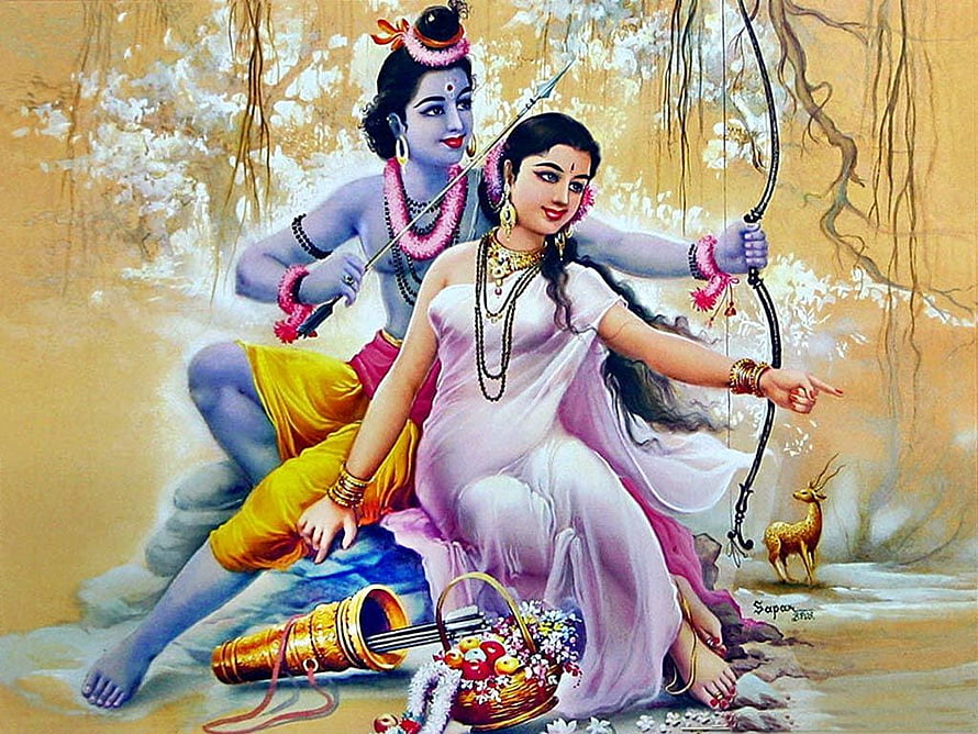 Radha and Krishna Sitting Together with Bow and Arrow in a Forest Setting HD wallpaper