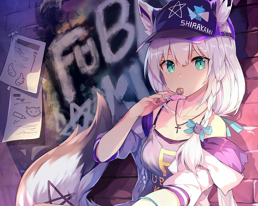 Shirakami Fubuki Anime Girl with Fox Ears and Cap in Urban Setting HD wallpaper