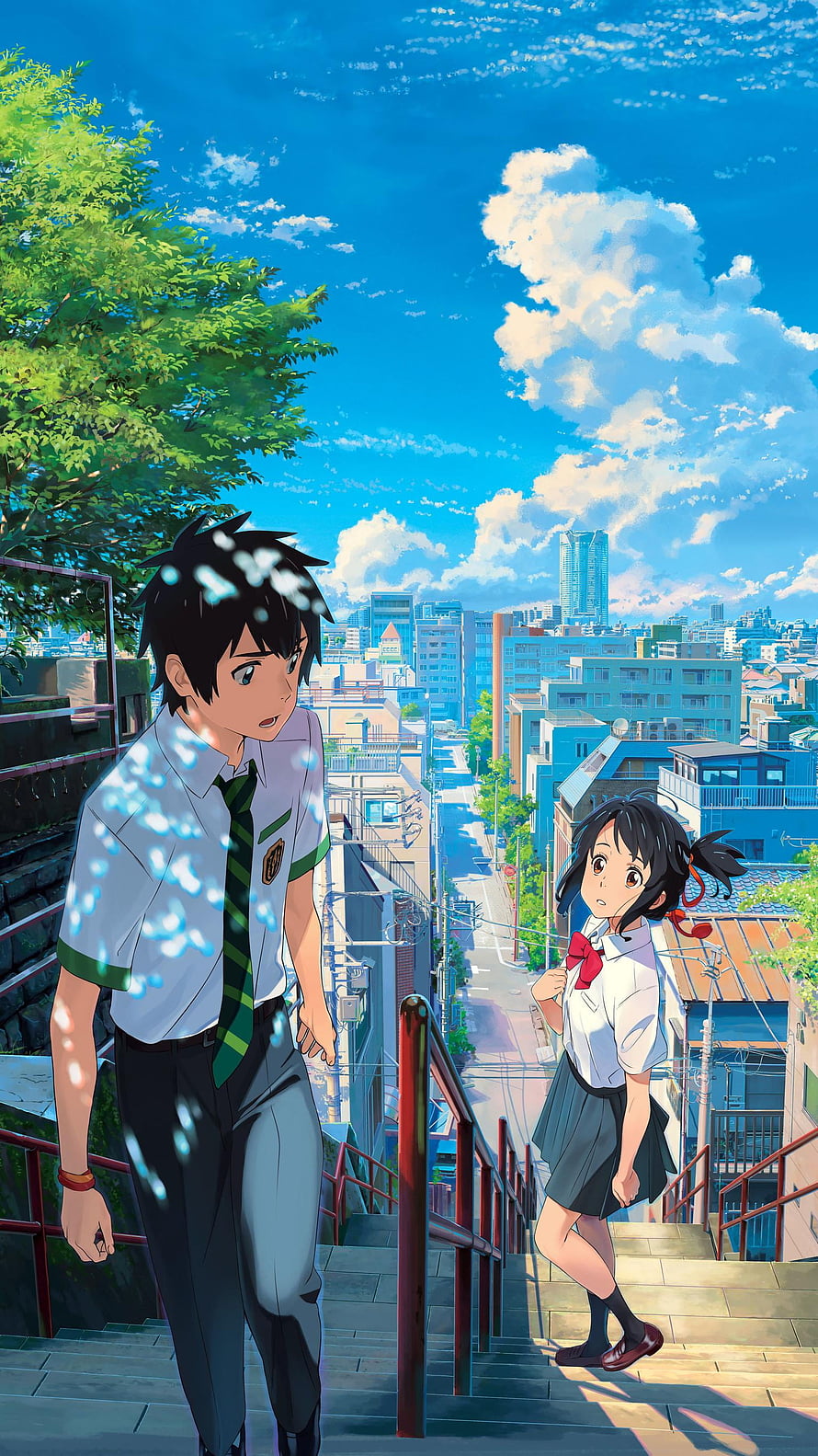 Your Name Anime Movie Scene of Taki and Mitsuha on a Sunny Japanese Street Staircase HD phone wallpaper