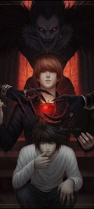 L and Light Yagami from Death Note with Ryuk and the red apple HD phone wallpaper
