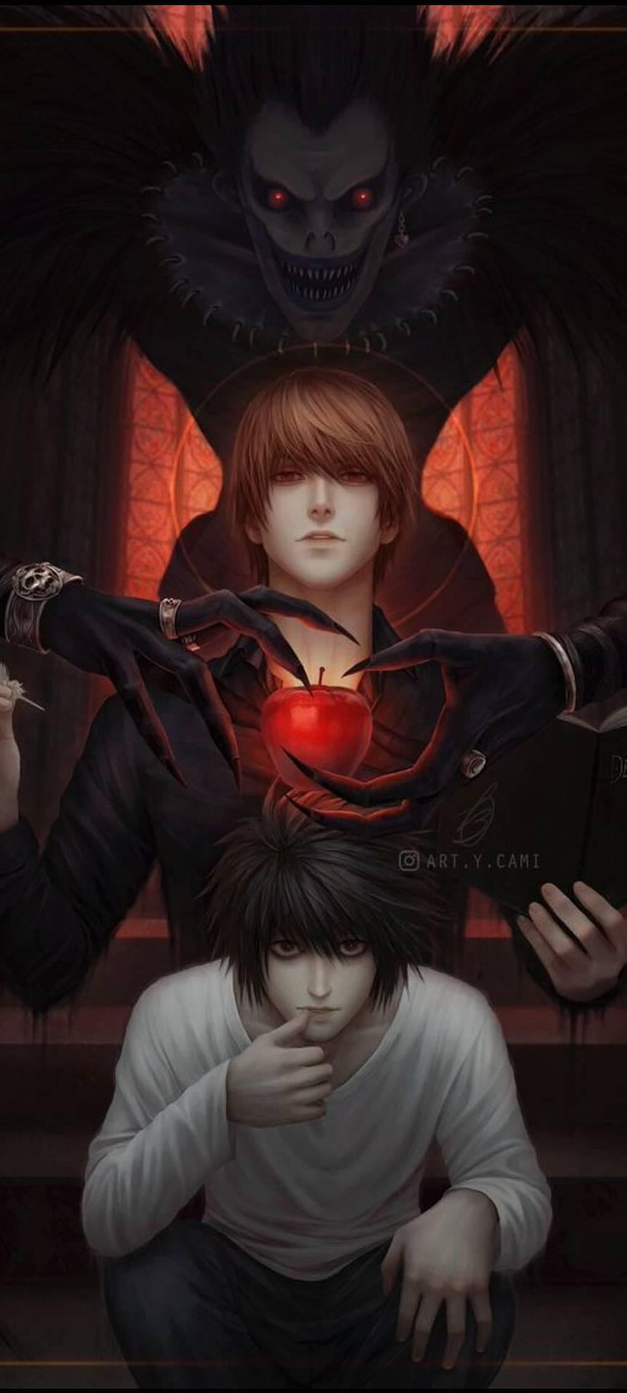 L and Light Yagami from Death Note with Ryuk and the red apple HD phone wallpaper