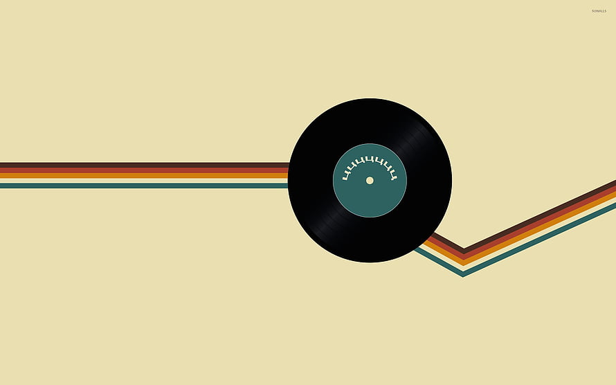 Retro Vinyl Record Rolling on Colorful Stripes Minimalist Music Wallpaper HD wallpaper