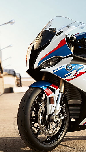 BMW S1000RR M Package Front End Close-Up with Blue Red and White Livery HD phone wallpaper