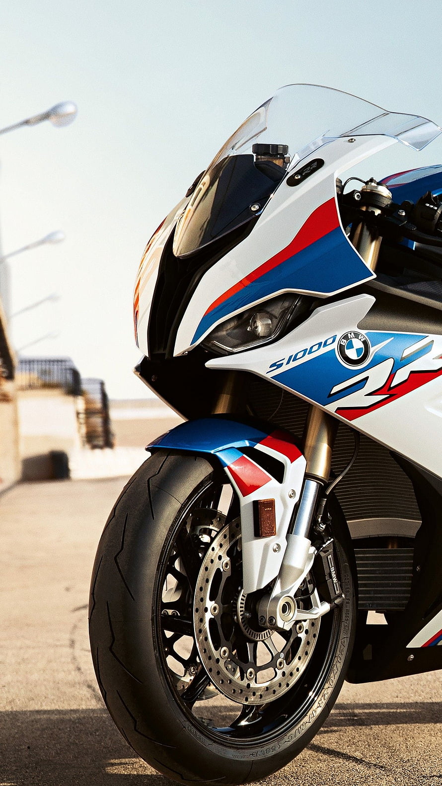 BMW S1000RR M Package Front End Close-Up with Blue Red and White Livery HD phone wallpaper