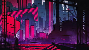 Neon Cyberpunk Cityscape with Futuristic Skyscrapers and Purple Haze HD wallpaper