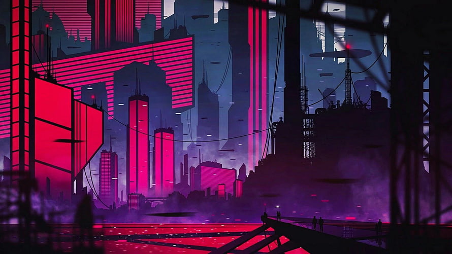 Neon Cyberpunk Cityscape with Futuristic Skyscrapers and Purple Haze HD wallpaper