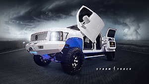 White Storm Truck with Blue Underglow and Open Doors on a Dark Road HD wallpaper