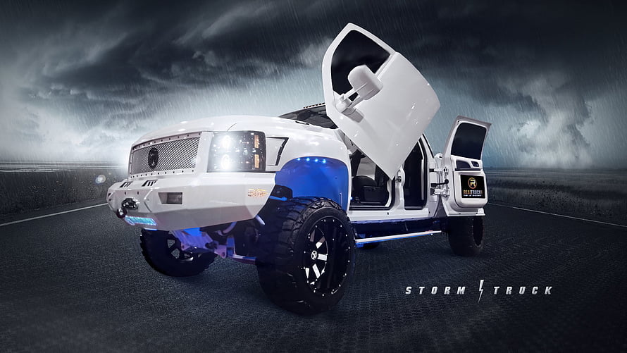 White Storm Truck with Blue Underglow and Open Doors on a Dark Road HD wallpaper