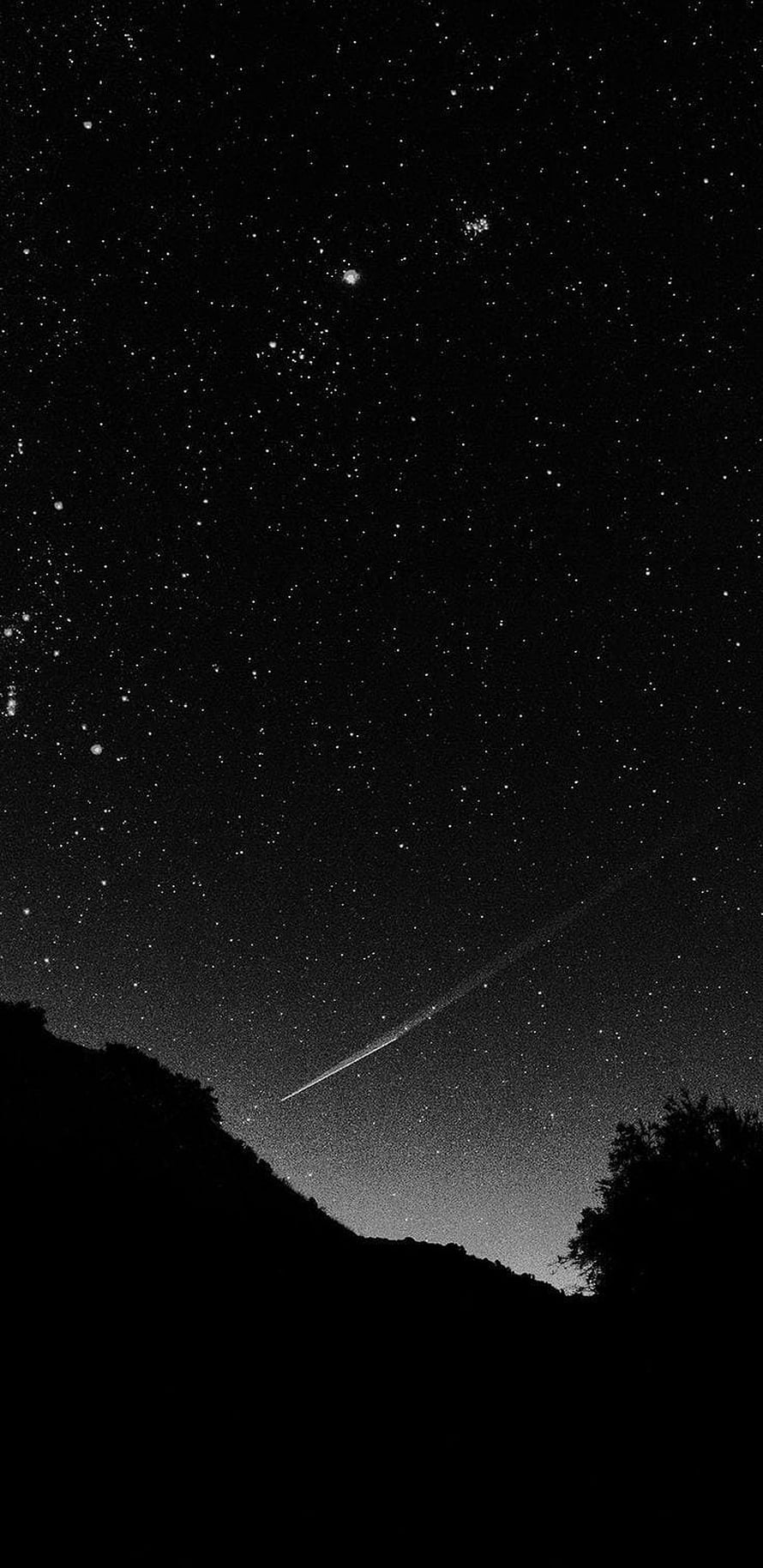 Monochrome Night Sky with Shooting Star and Mountain Silhouette HD phone wallpaper