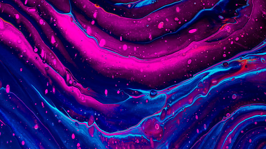 Vibrant Neon Pink and Blue Liquid Abstract Art with Flowing Waves and Bubbles HD wallpaper