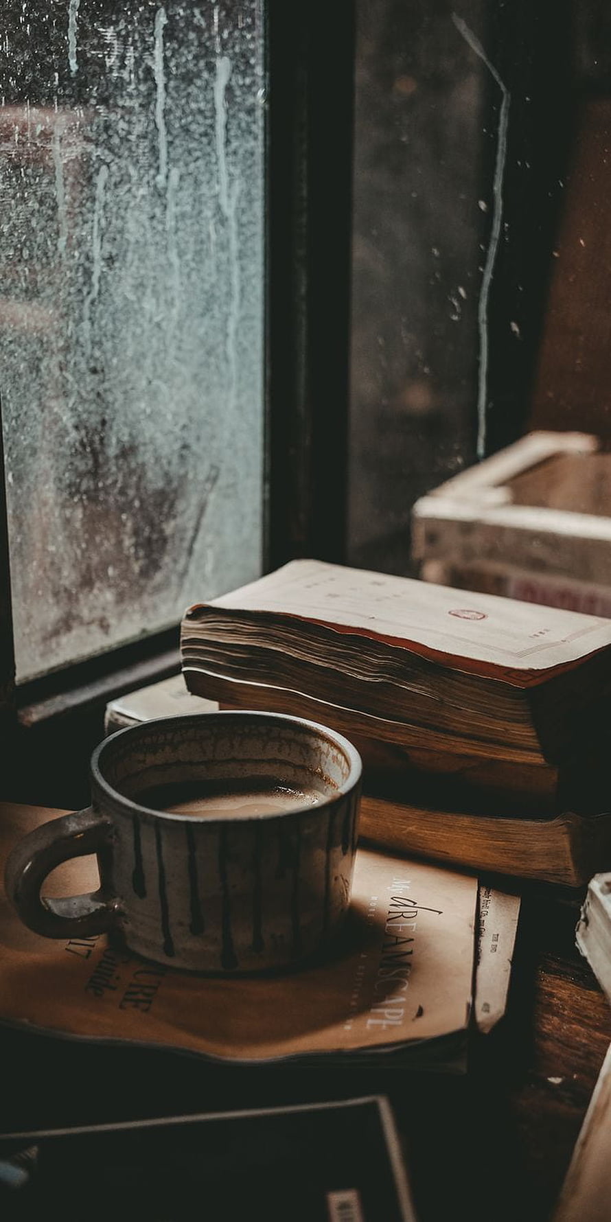 Cozy Rainy Day Coffee and Vintage Books by a Foggy Window HD phone wallpaper