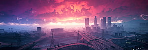 GTA V Los Santos Cityscape at Dusk with Neon Skyline and Highway Interchange HD wallpaper
