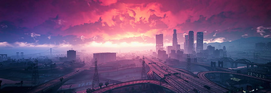 GTA V Los Santos Cityscape at Dusk with Neon Skyline and Highway Interchange HD wallpaper
