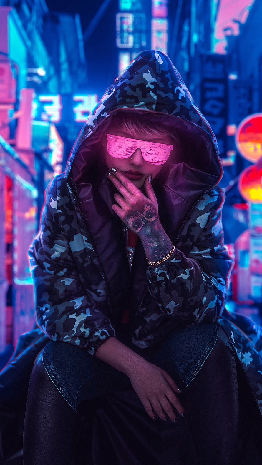 Cyberpunk Woman in Camouflage Hoodie and Neon Pink Sunglasses, Girl. Apple. X. . Digital art girl, Cyberpunk girl, Neon graphy HD phone wallpaper