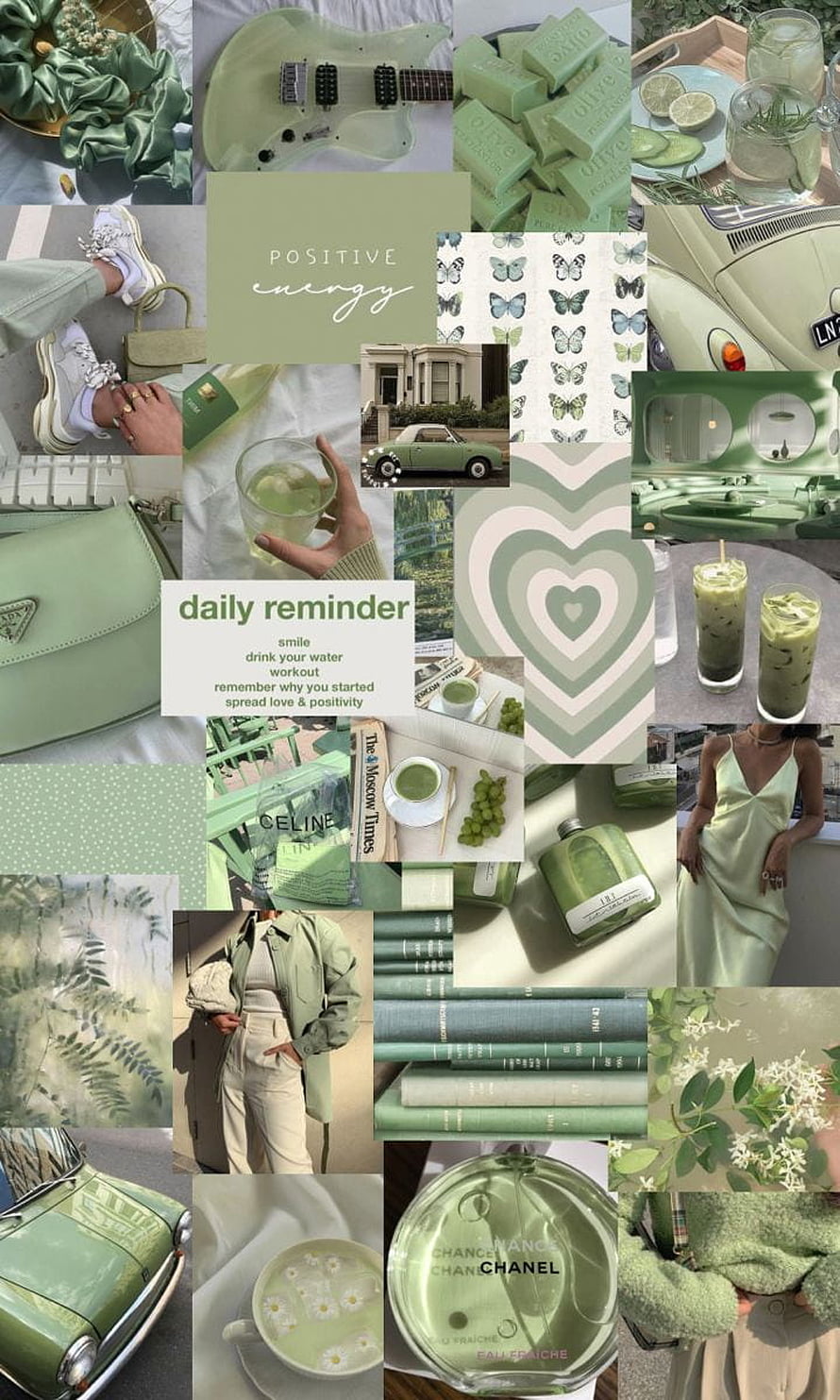 Green Aesthetic Mood Board Featuring Fashion, Cars, Perfume, and Nature HD phone wallpaper