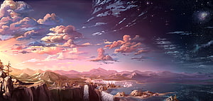 Fantasy Landscape at Twilight with Waterfall and Starry Sky HD wallpaper