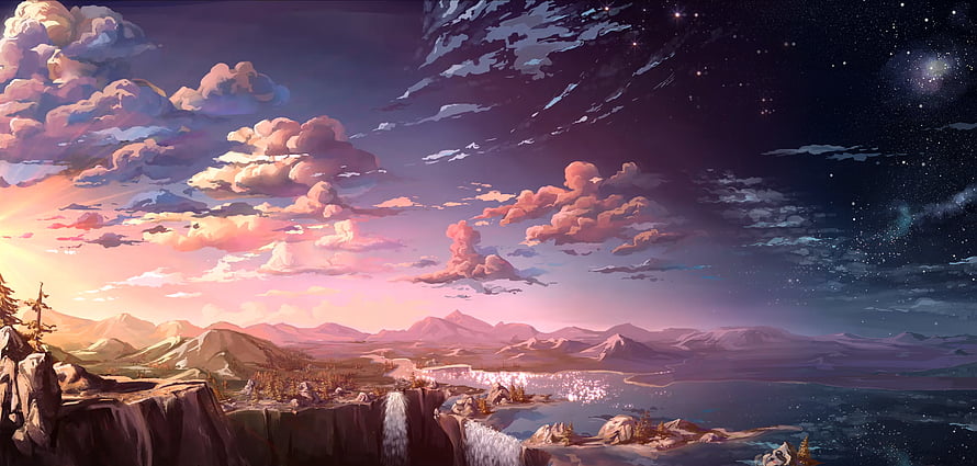 Fantasy Landscape at Twilight with Waterfall and Starry Sky HD wallpaper