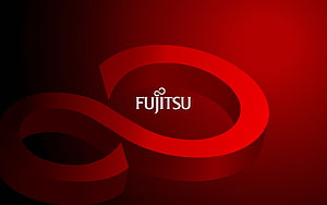 Fujitsu Corporate Logo on Deep Red Gradient Background with Infinity Symbol HD wallpaper