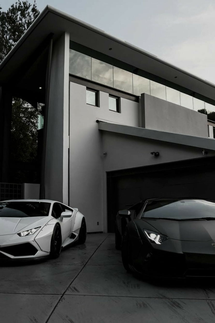 White and Black Lamborghini Aventador Super Cars Parked in Front of Modern Minimalist House HD phone wallpaper