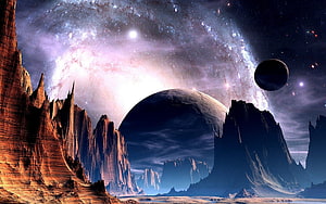 Alien Planet Landscape with Jagged Spires and Distant Moons Under a Starry Nebula Sky HD wallpaper