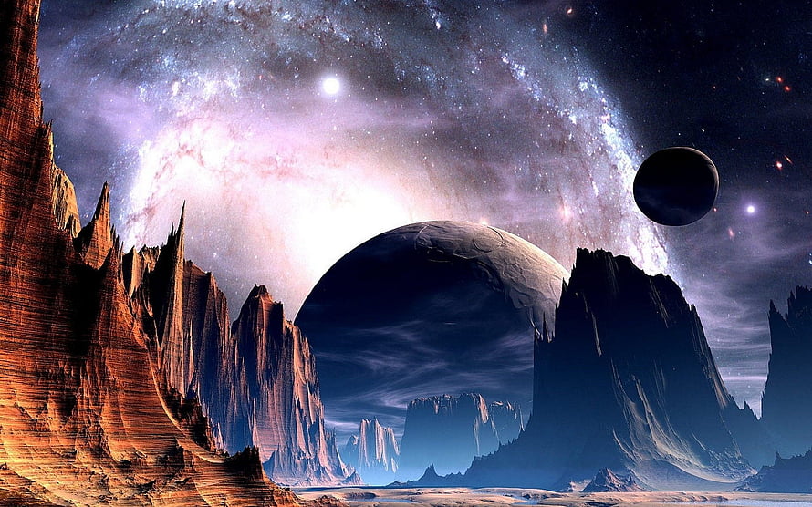 Alien Planet Landscape with Jagged Spires and Distant Moons Under a Starry Nebula Sky HD wallpaper