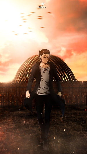 Eren Yeager from Attack on Titan Walking Through a Dramatic Sunset Landscape HD phone wallpaper
