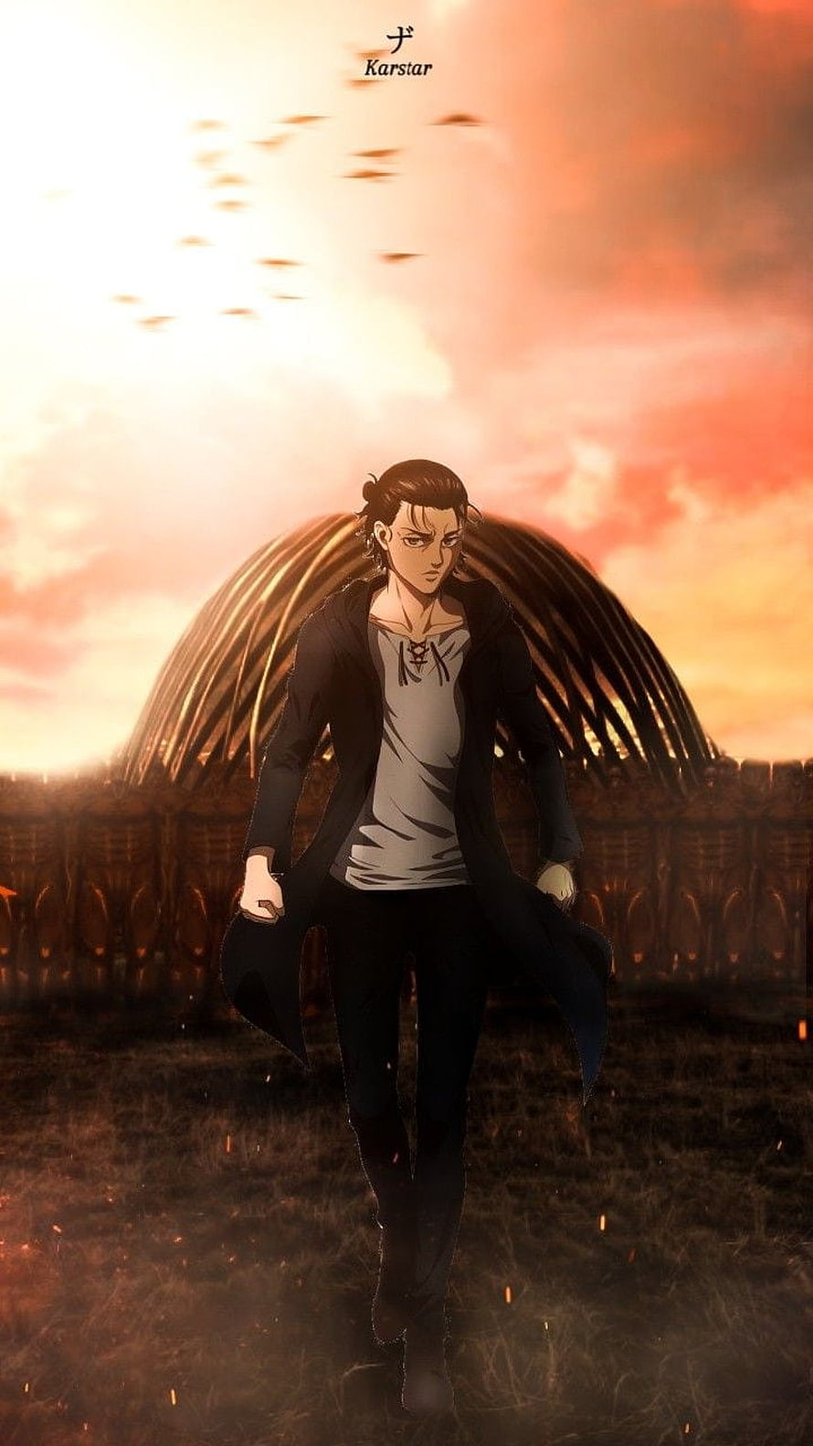 Eren Yeager from Attack on Titan Walking Through a Dramatic Sunset Landscape HD phone wallpaper