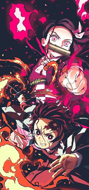 Demon Slayer Tanjiro and Nezuko Dynamic Anime Artwork with Fiery Effects HD phone wallpaper