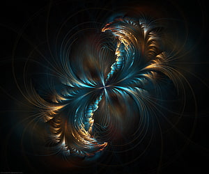 Abstract Fractal Artwork with Swirling Cyan and Gold Patterns on a Dark Background HD wallpaper