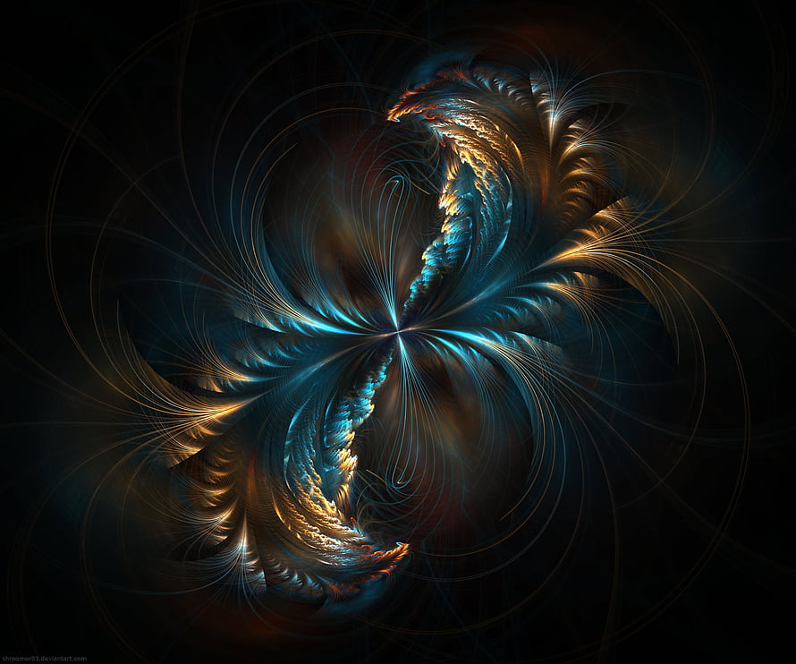 Abstract Fractal Artwork with Swirling Cyan and Gold Patterns on a Dark Background HD wallpaper