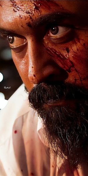 Close-up portrait of a bearded man with blood on his face and white shirt, Suriya Sivakumar, amar, nose, kamal, vikram, dilli, rolex, kaithi HD phone wallpaper