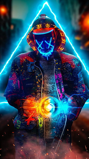 Cyberpunk Hooded Figure With Neon Skull Mask Holding Glowing Energy Orb HD phone wallpaper