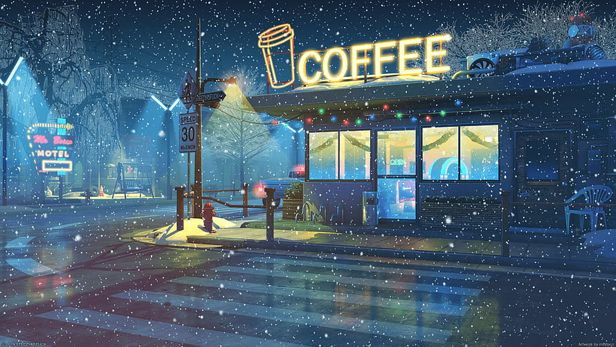 Cozy Snowy Night Coffee Shop Street Scene with Neon Sign and Falling Snow HD wallpaper