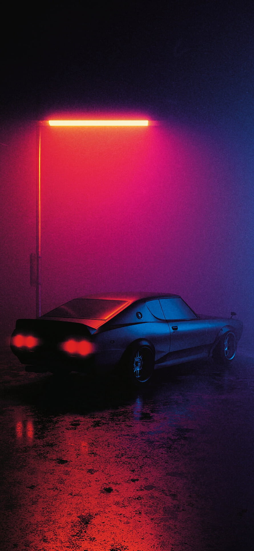 Datsun 240Z in Neon Lit Rainy Night Scene HD phone wallpaper