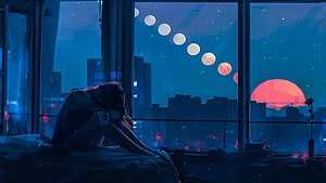 Girl Sitting By Window With Moon Phases And Red Sunset Cityscape HD wallpaper
