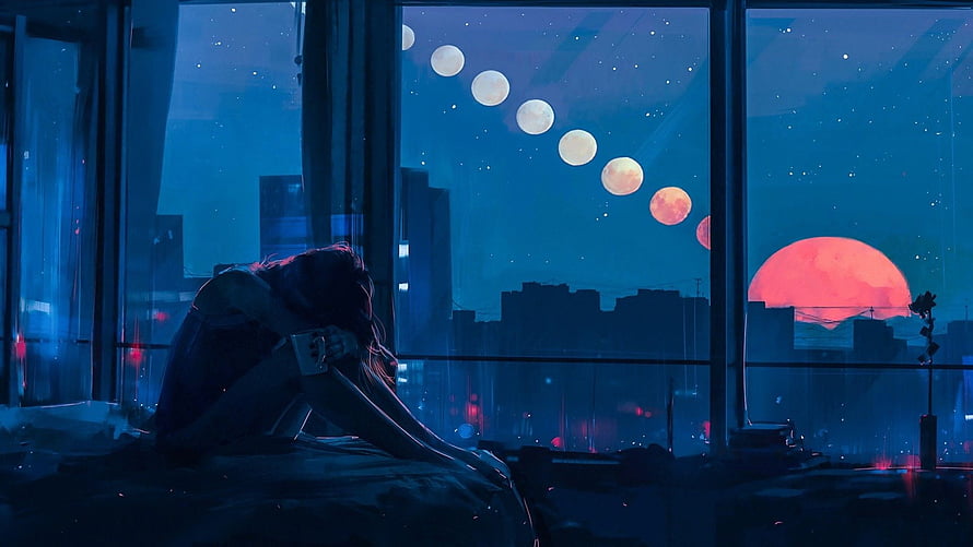 Girl Sitting By Window With Moon Phases And Red Sunset Cityscape HD wallpaper