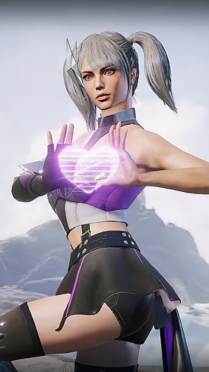 Silver-haired female warrior with glowing purple heart energy in futuristic combat outfit HD phone wallpaper